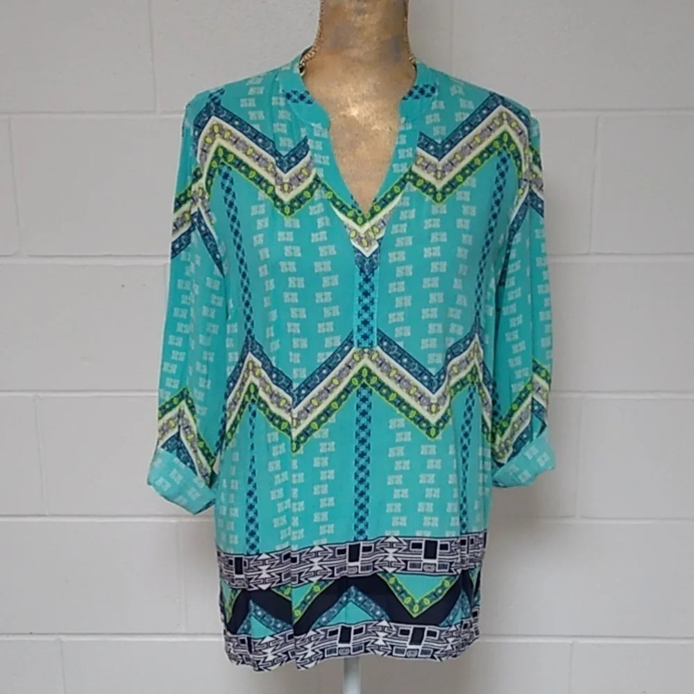 TRIBAL SUMMER BOHO BEACH PRINT, ROLL TAB 3/4 SLEEVE LIGHTWEIGHT TUNIC TOP